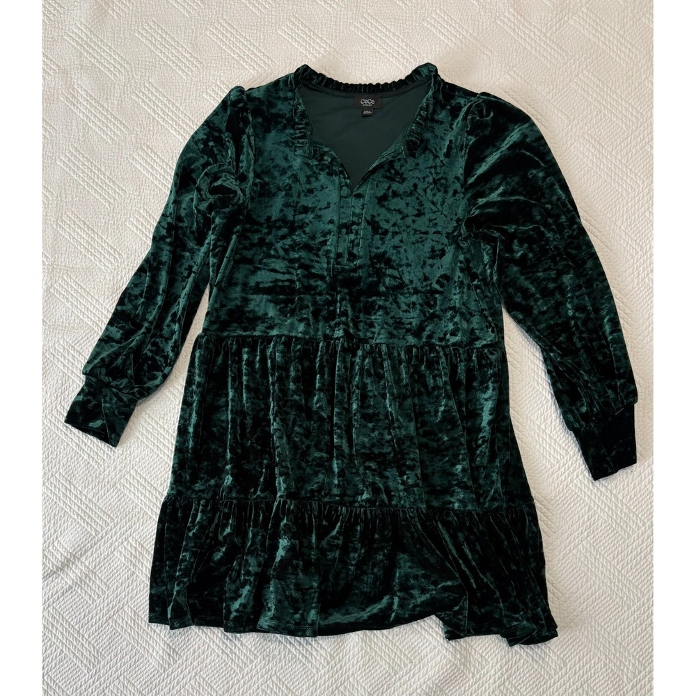 Cece Women's Green Velvet Long Sleeve Mini Dress Large Holiday Ruffle Collar